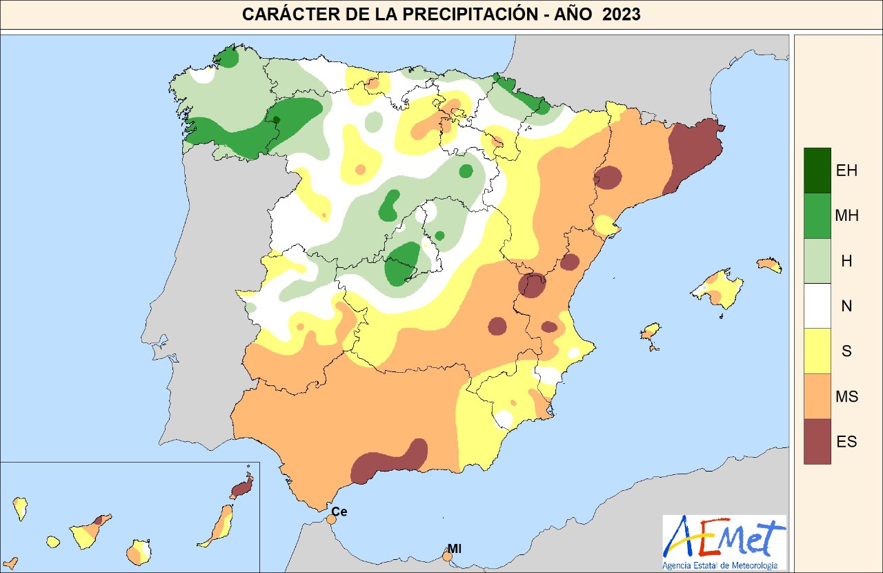 Mapa carácter de la precipitación en el año 2023