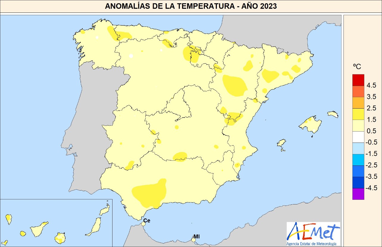 Mapa de las anomalías de la temperatura en el año 2023