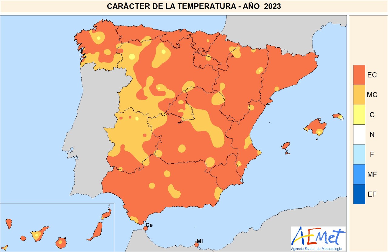 Mapa del carácter de la temperatura en el año 2023