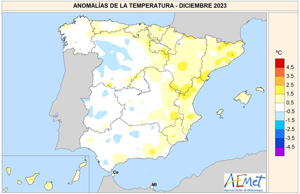 Mapa anomalías temperaturas diciembre 2023