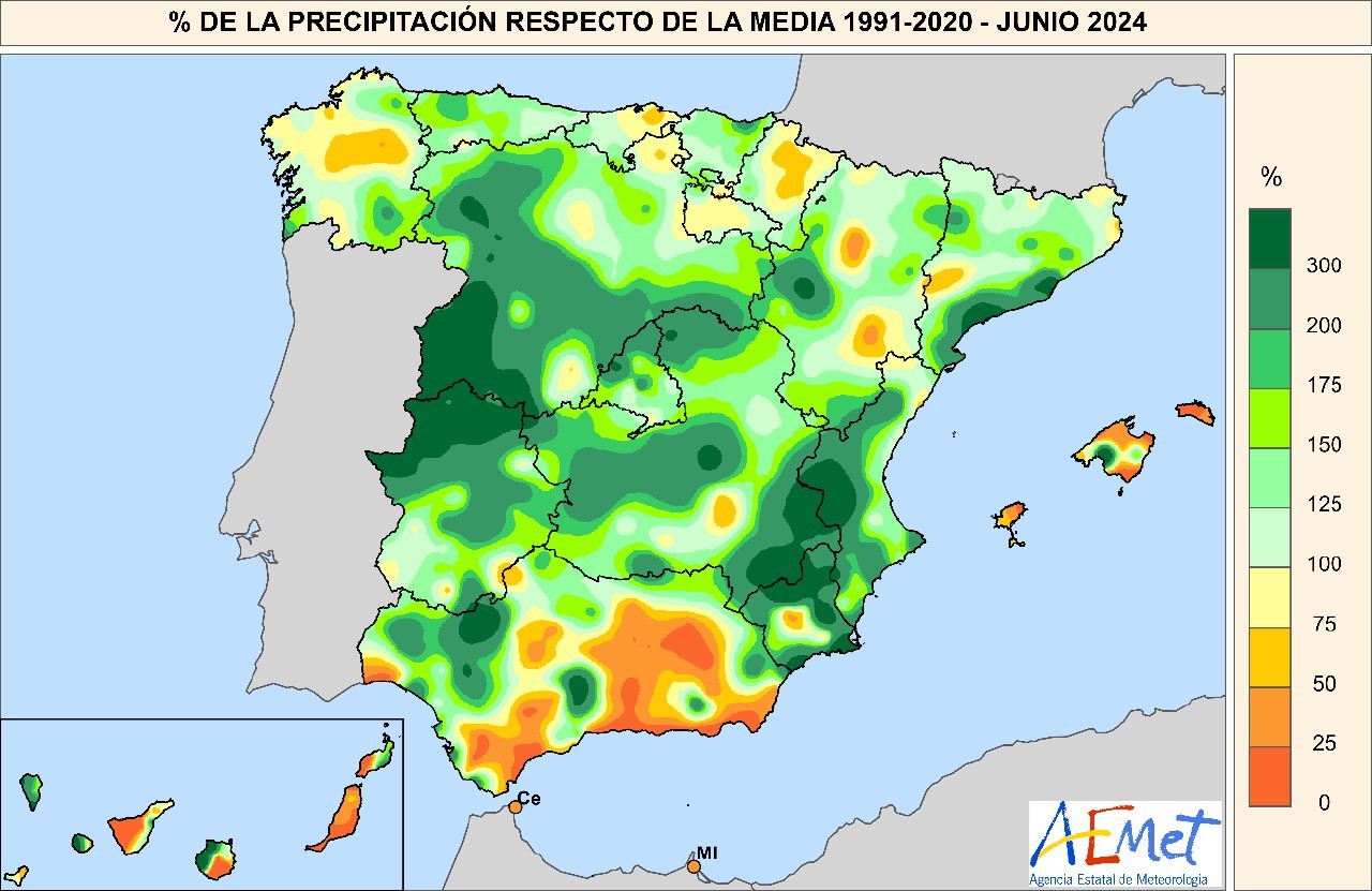 Porcentaje de precipitación respecto a la media de 1991-2020 en junio de 2024.