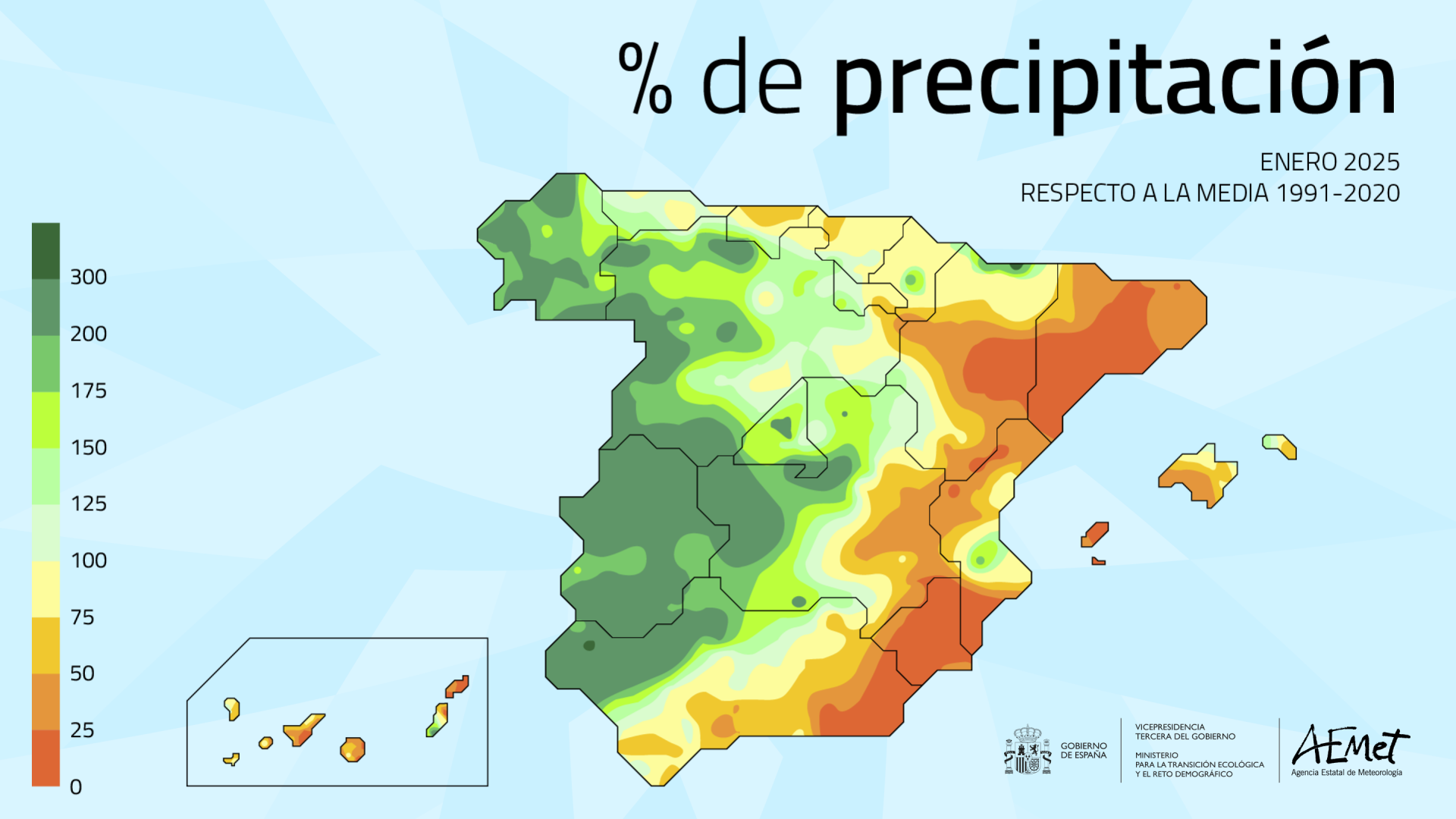 Porcentaje de la precipitación con respecto a la media 1991-2020 en enero de 2025