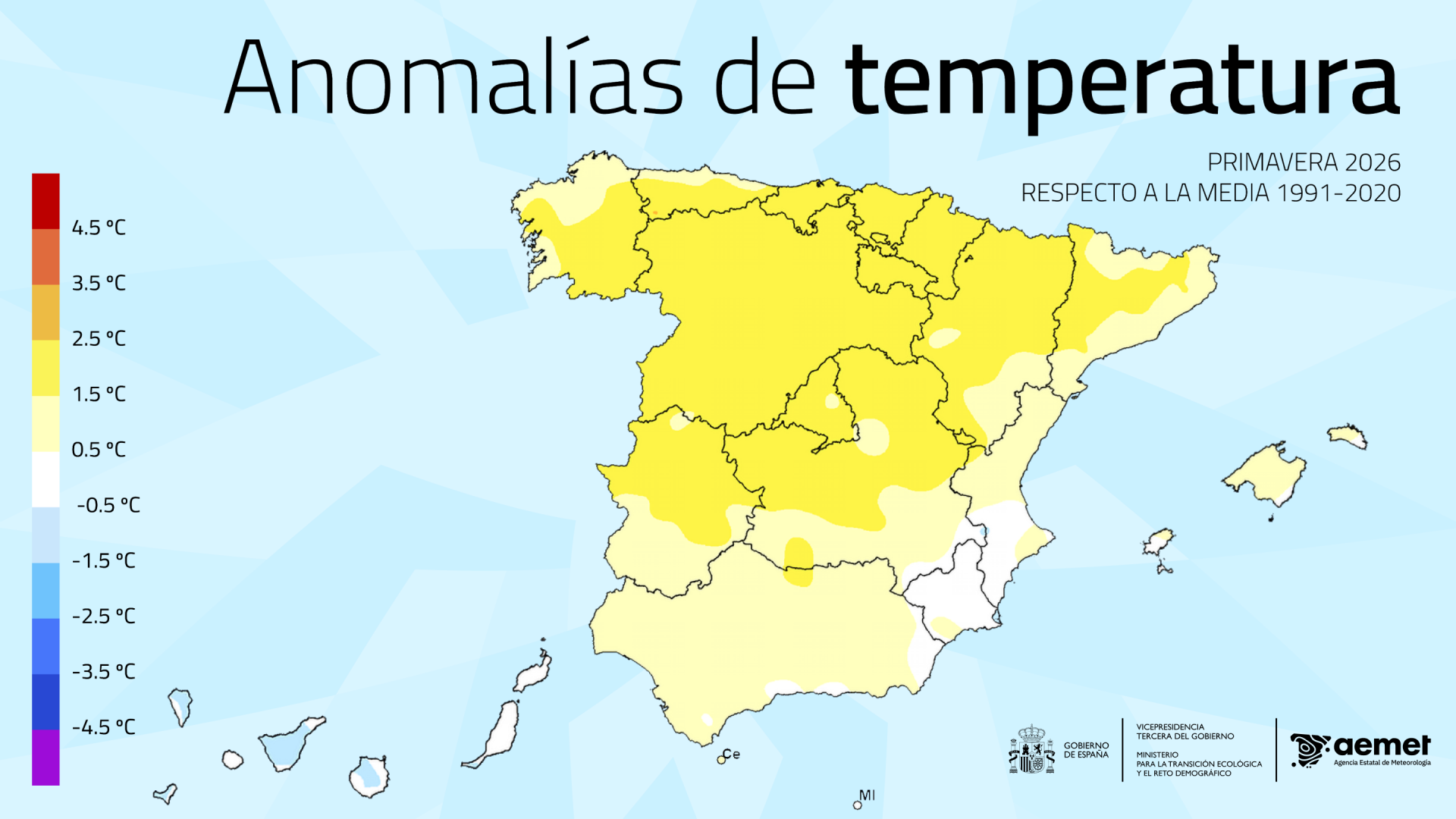 Anomalías de la temperatura registradas en la primavera 2026 respecto al promedio normal del período 1991-2020.