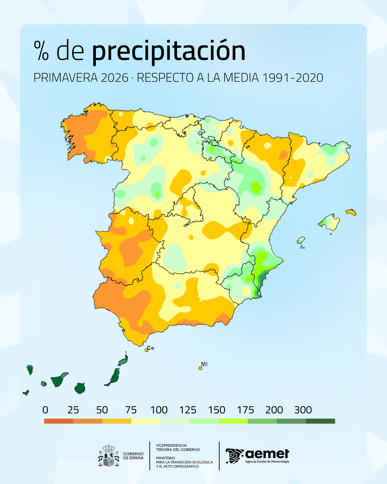 Porcentaje de las precipitaciones respecto al promedio normal del período 1991-2020 durante la primavera 2026.