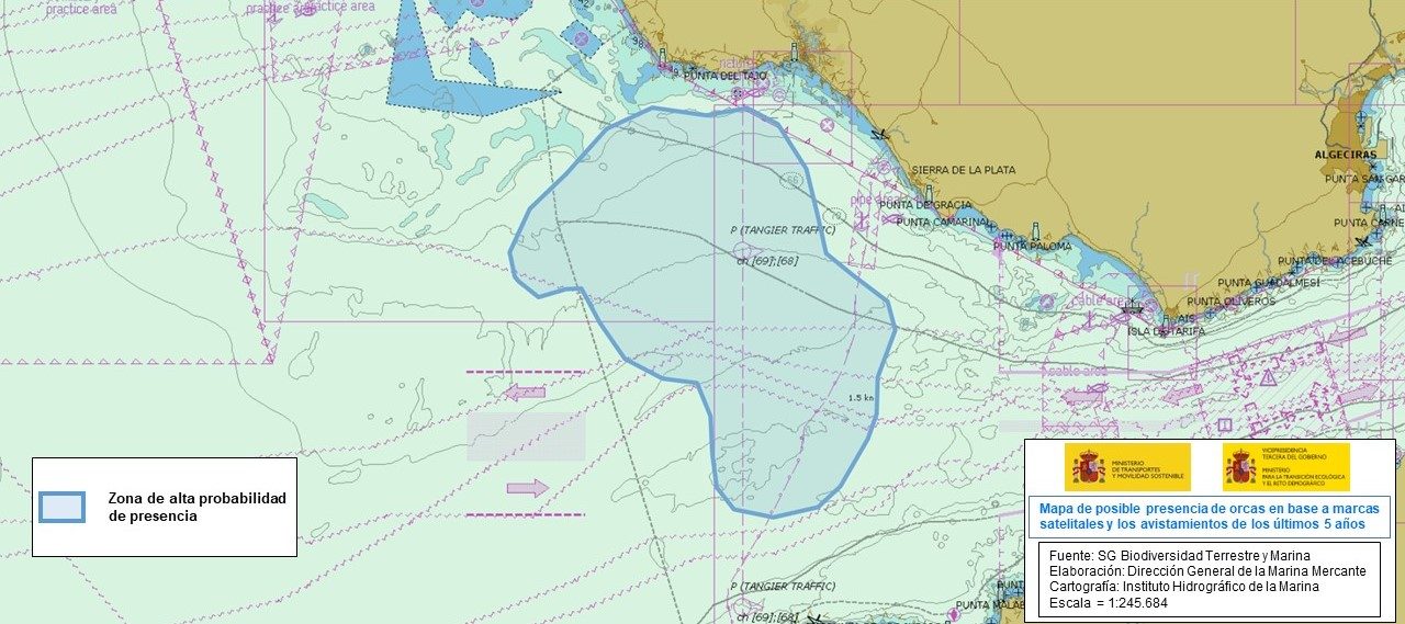 Mapa de posible presencia de orcas en base a marcas satelitales  y los avistamientos de los últimos 5 años
