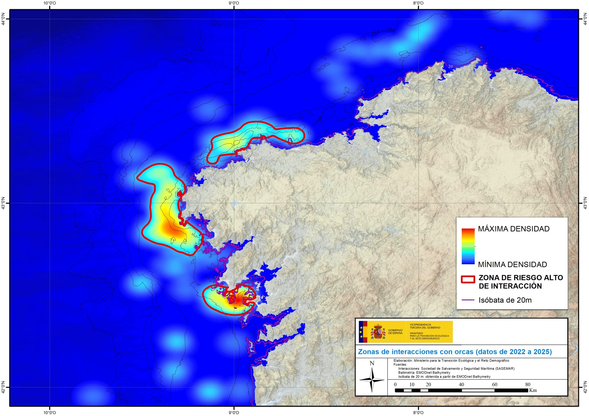 Mapa de riego de interacción con orcas en base a los datos históricos de interacciones registradas por SASEMAR en los últimos 4 años para la zona de Galicia