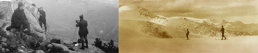Fotógrafo y grupo en una cima (izda). Dos esquiadores en las Guarramillas. Sierra de Guadarrama, hacia 1915 (dcha). Real Sociedad Española de Alpinismo Peñalara.