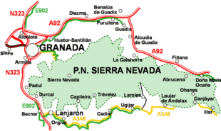 Mapa de accesos al P.N. Sierra Nevada