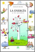 Dibujo de un superhéroe agarrado a un aerogenerador, rodeadeo de una familia en bicicleta, un molinillo