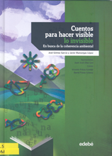 Sobre un dibujo de un paisaje de montaña, siluetas de flores, peces, pájaros, el sol