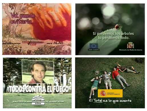 Composición con cuatro imagenes de cuatro spots publicitarios para las campañas contra incendios forestales