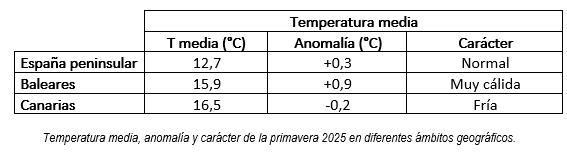 Precipitación acumulada, porcentaje respecto al valor normal y carácter de la primavera de 2025 en diferentes ámbitos geográficos.