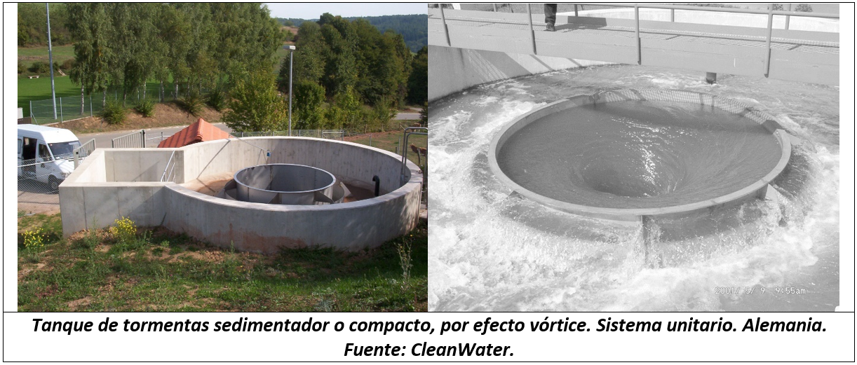 Tamiz de aliviadero de limpieza automática tipo PAS (con energía y orificios con un diámetro Ø nominal de 6 mm) y pantalla deflectora de flotantes, instalados en un sistema de saneamiento unitario. Navarra. Fuente: Hidrostank.