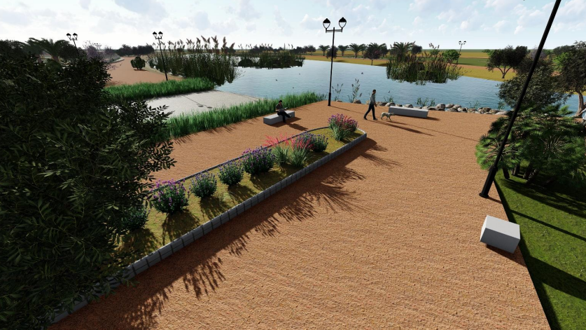 Vista en infografía de caminos con parterres centrales, las áreas de tarayal, canales de aguas bajas con taludes revegetados y cuenco receptor de infiltraciones con herbazal de especies halófitas.