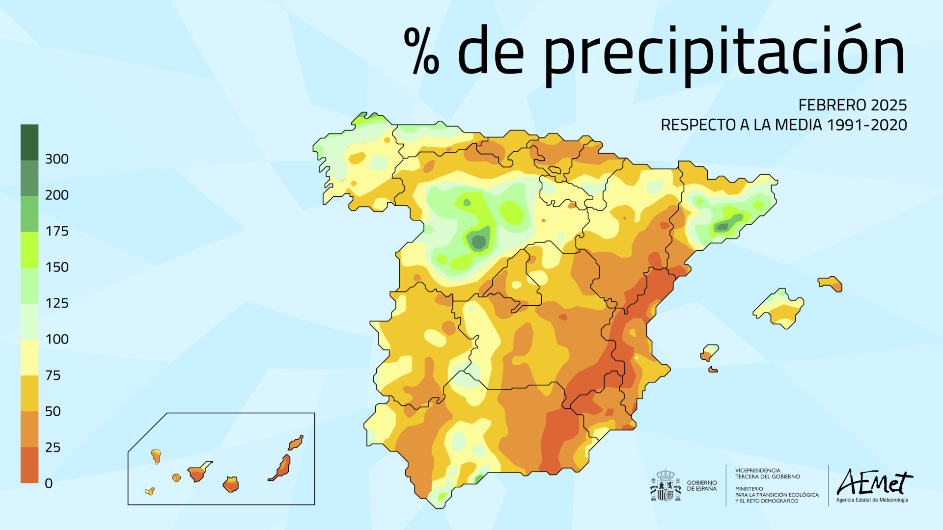 Porcentaje de la precipitación con respecto a la media 1991-2020 en febrero de 2025.