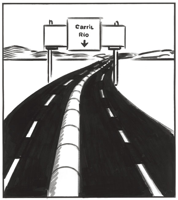 Autopista con un cartel que pone carril río.