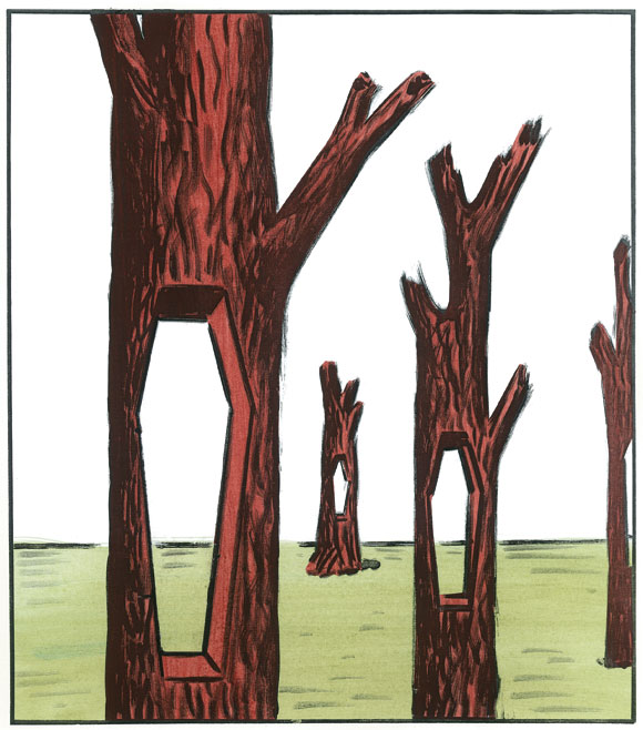 Árboles de un bosque con el tronco recortado con la forma de ataúd